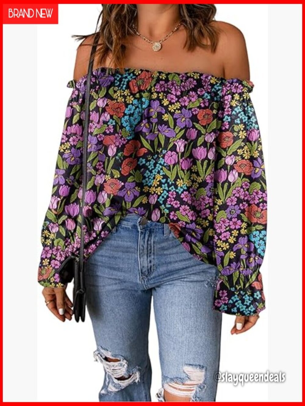 Off Shoulder Ruffle Blouse Long Sleeve Chiffon Loose Fit Casual Top